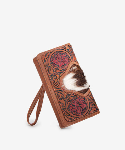 Trinity Ranch Floral Tooled and Hair-On Cowhide Wallet