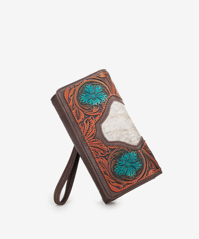 Trinity Ranch Floral Tooled and Hair-On Cowhide Wallet