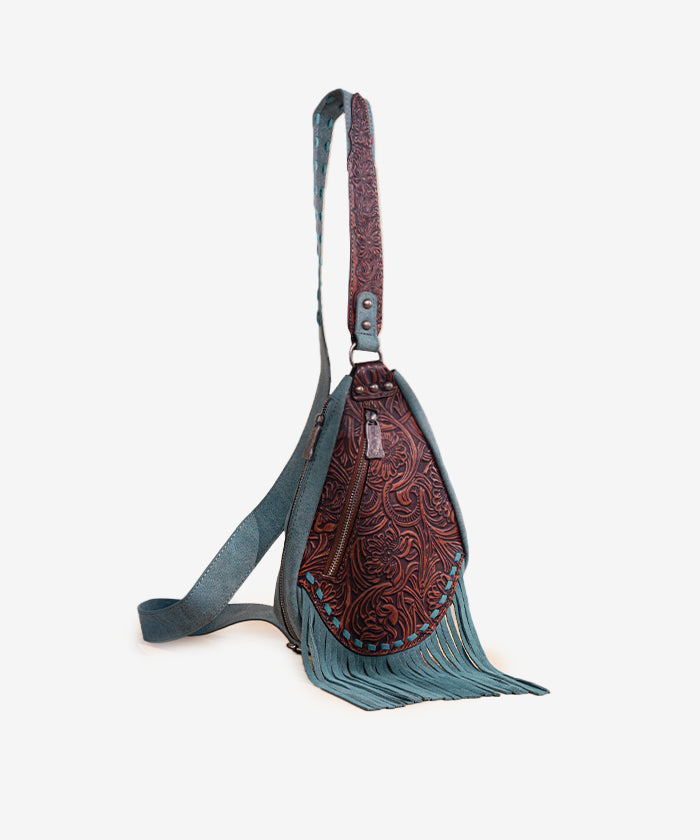 Trinity Ranch Floral Tooled Fringe Sling Bag