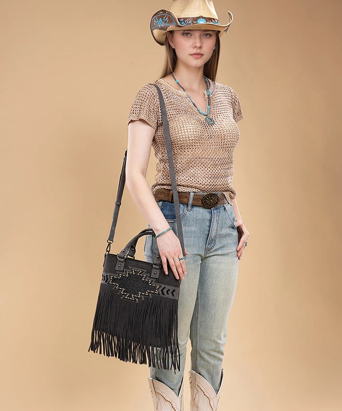 Trinity Ranch Tooled Fringe Concealed Carry Tote in BK