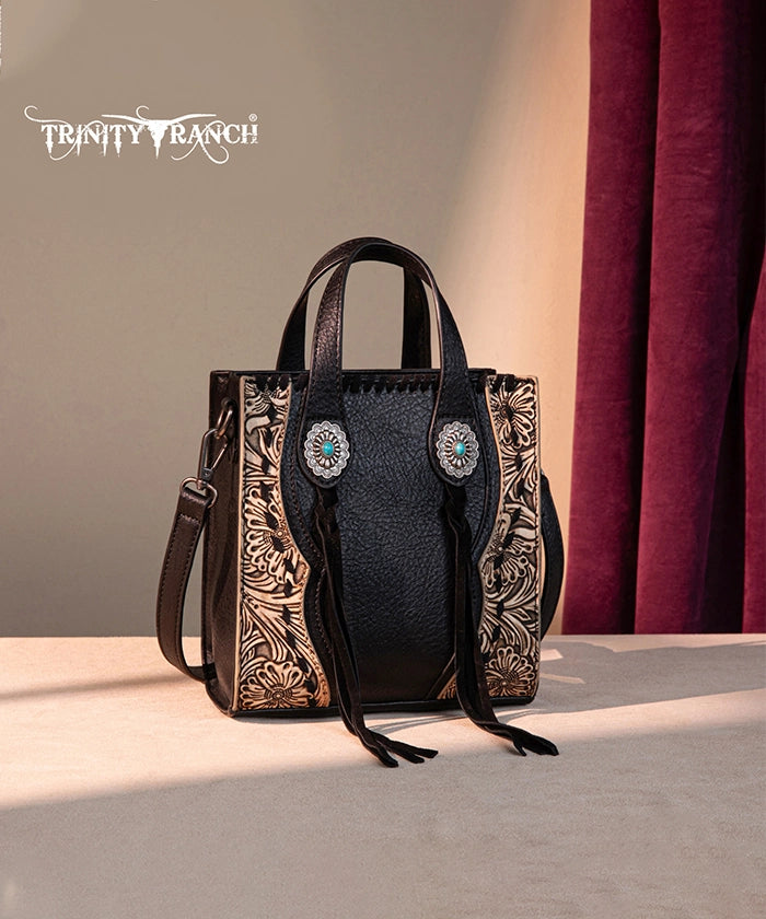 Trinity Ranch Floral Tooled Concho Mini Crossbody Black
