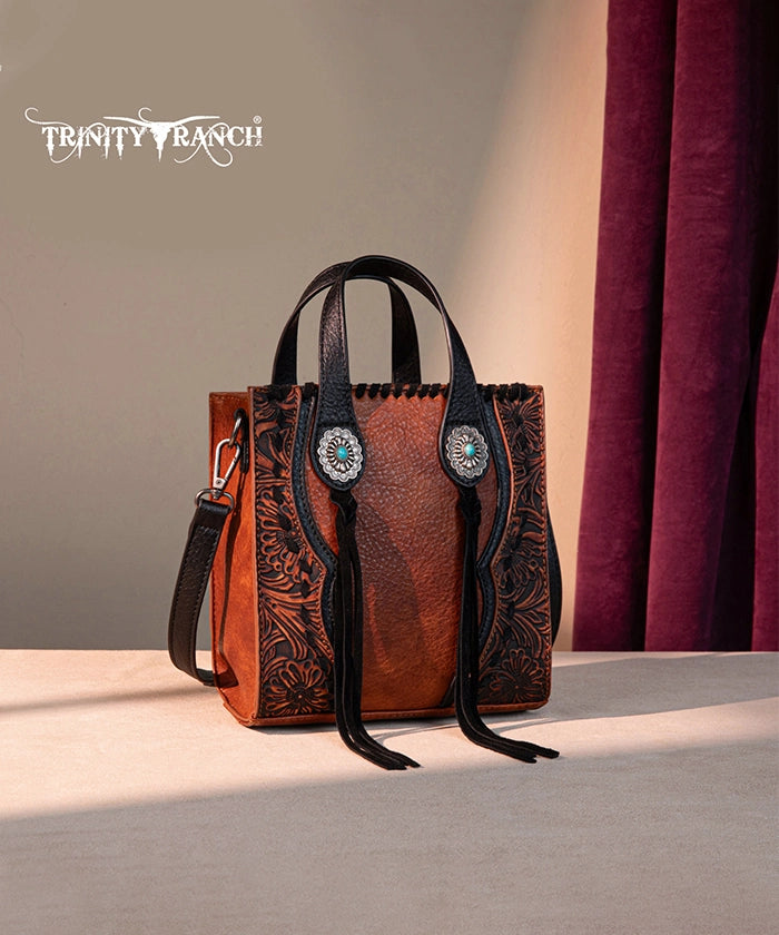 Trinity Ranch Floral Tooled Concho Mini Crossbody Brown