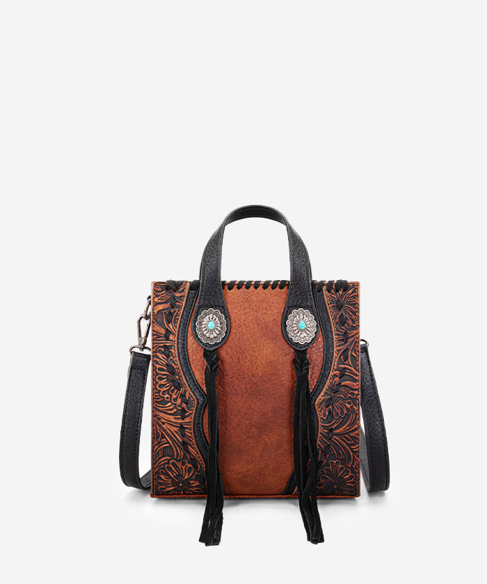 Trinity Ranch Floral Tooled Concho Mini Crossbody Brown