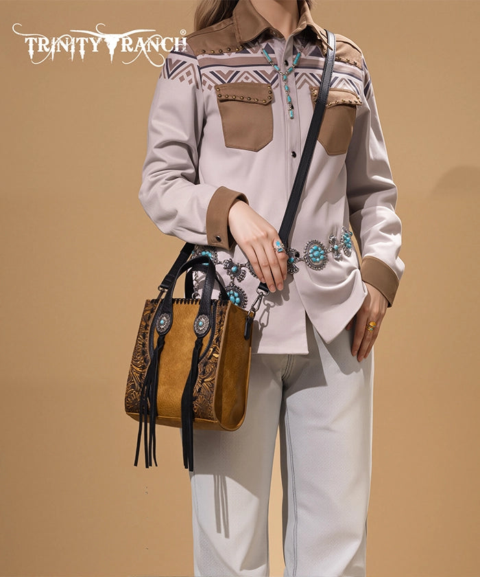 Trinity Ranch Floral Tooled Concho Mini Crossbody Light Brown