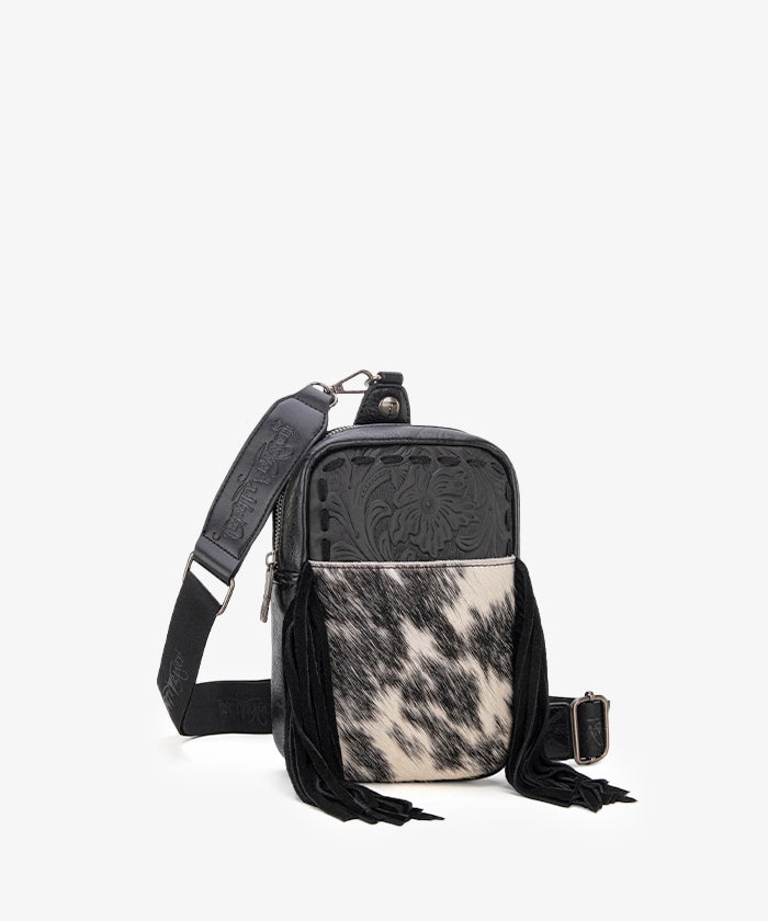 Trinity Ranch Genuine Hair-On Cowhide Tooled Fringe Sling Bag Black