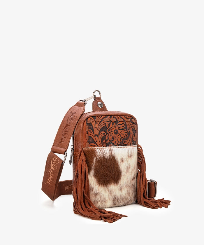 Trinity Ranch Genuine Hair-On Cowhide Tooled Fringe Sling Bag Brown