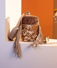 Trinity Ranch Genuine Hair-On Cowhide Tooled Fringe Sling Bag Tan