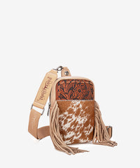 Trinity Ranch Genuine Hair-On Cowhide Tooled Fringe Sling Bag Tan