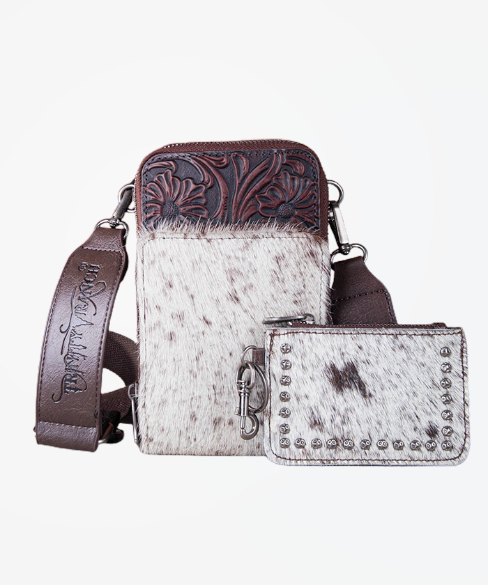 Trinity Ranch Genuine Hair-On Cowhide /Tooled  Phone Purse with Coin Purse - Montana West World