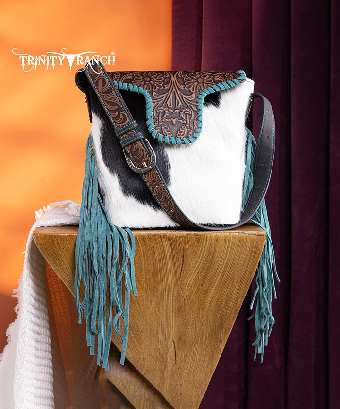 Trinity Ranch Genuine Hair-On Cowhide Tooled Shoulder Bag Black