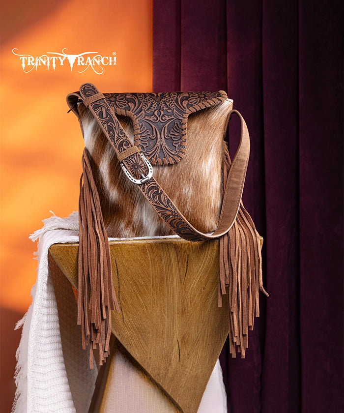 Trinity Ranch Genuine Hair-On Cowhide Tooled Shoulder Bag Brown