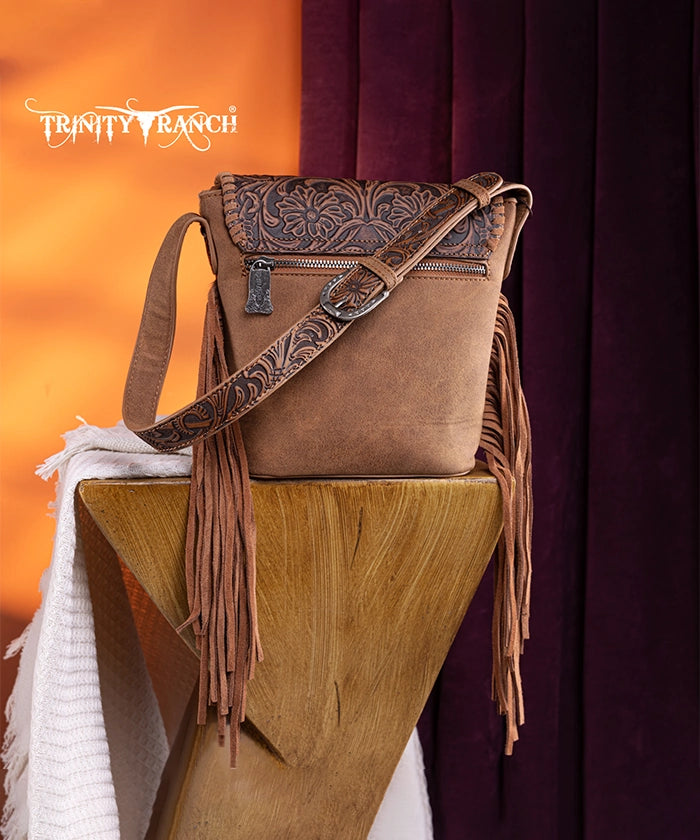 Trinity Ranch Genuine Hair-On Cowhide Tooled Shoulder Bag Brown