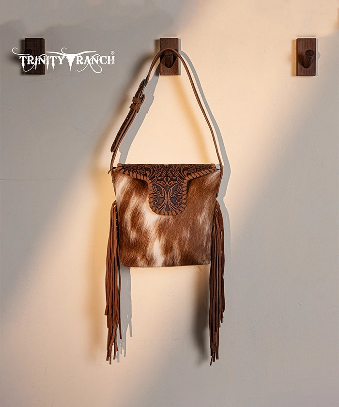 Trinity Ranch Genuine Hair-On Cowhide Tooled Shoulder Bag Brown