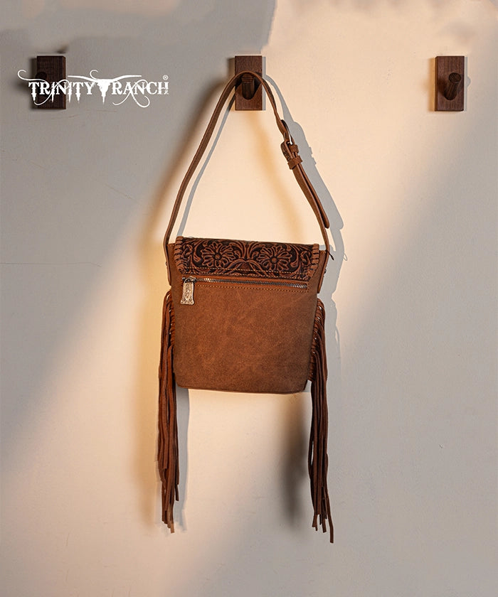 Trinity Ranch Genuine Hair-On Cowhide Tooled Shoulder Bag Brown