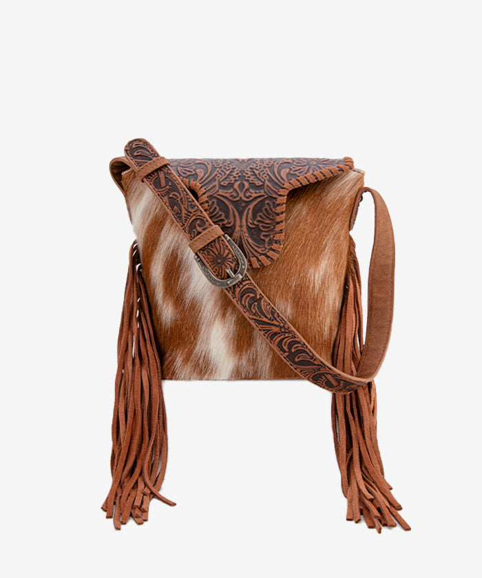 Trinity Ranch Genuine Hair-On Cowhide Tooled Shoulder Bag Brown