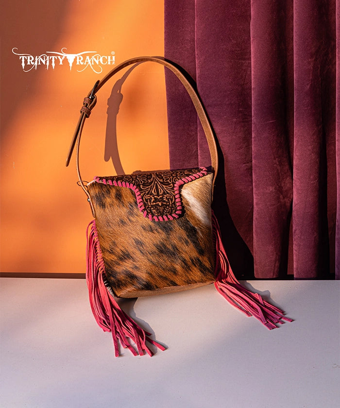 Trinity Ranch Genuine Hair-On Cowhide Tooled Shoulder Bag Hot Pink