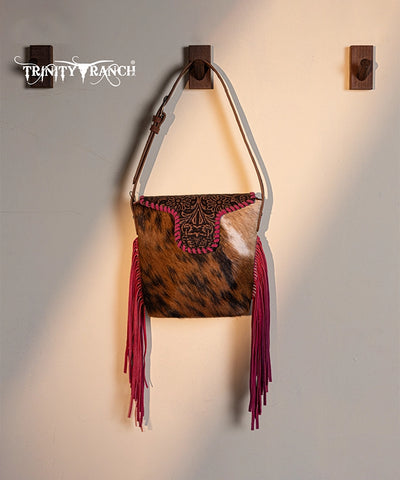 Trinity Ranch Genuine Hair-On Cowhide Tooled Shoulder Bag Hot Pink