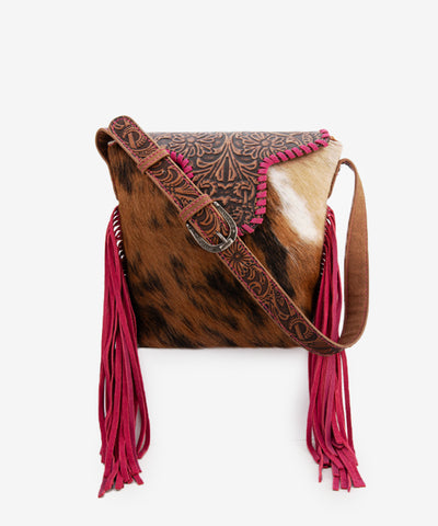Trinity Ranch Genuine Hair-On Cowhide Tooled Shoulder Bag Hot Pink