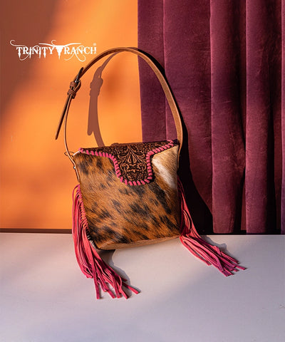 Trinity Ranch Genuine Hair-On Cowhide Tooled Shoulder Bag Hot Pink