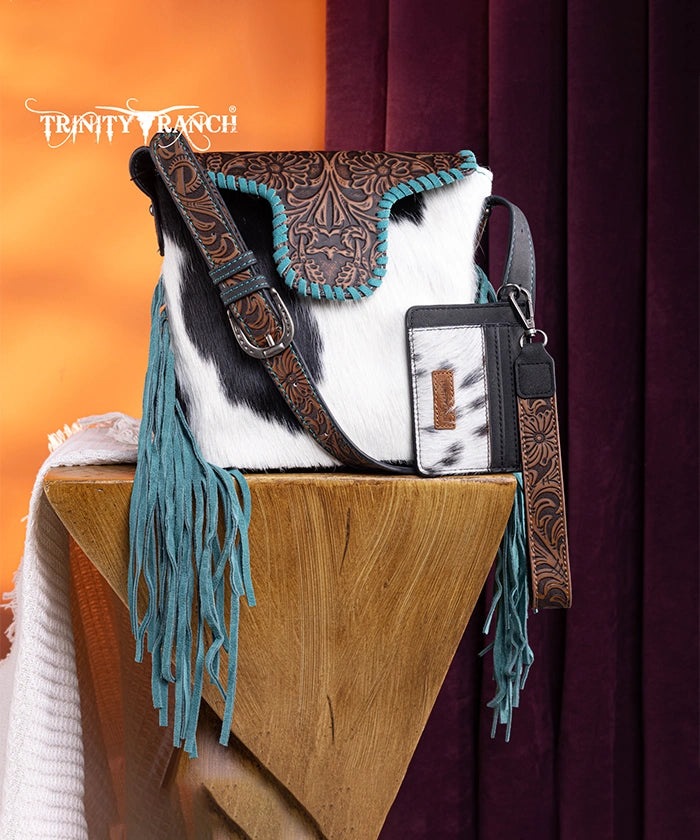 Trinity Ranch Genuine Hair-On Cowhide Tooled Shoulder Bag Set Black