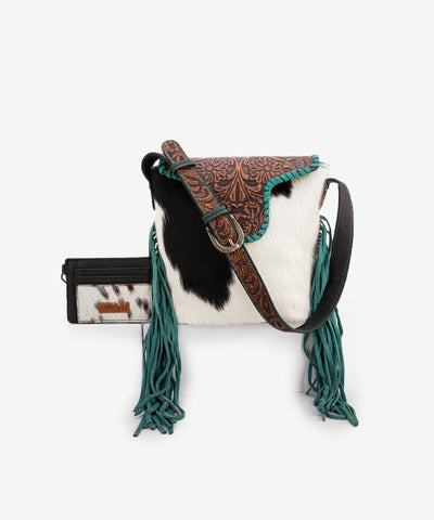 Trinity Ranch Genuine Hair-On Cowhide Tooled Shoulder Bag Set Black