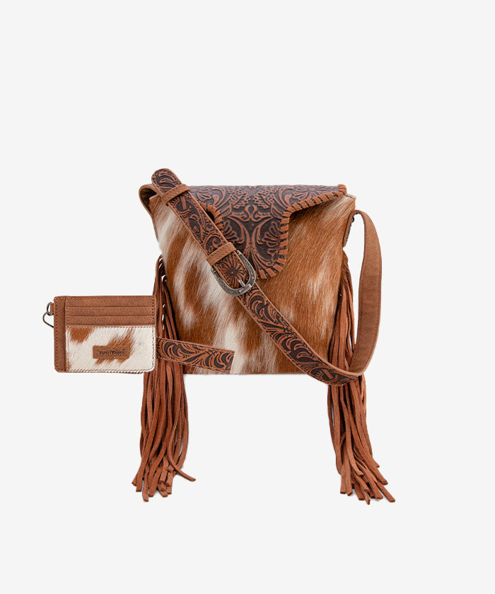 Trinity Ranch Genuine Hair-On Cowhide Tooled Shoulder Bag Set Brown