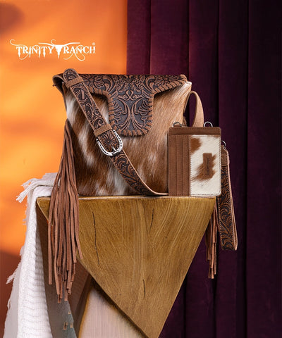 Trinity Ranch Genuine Hair-On Cowhide Tooled Shoulder Bag Set Brown