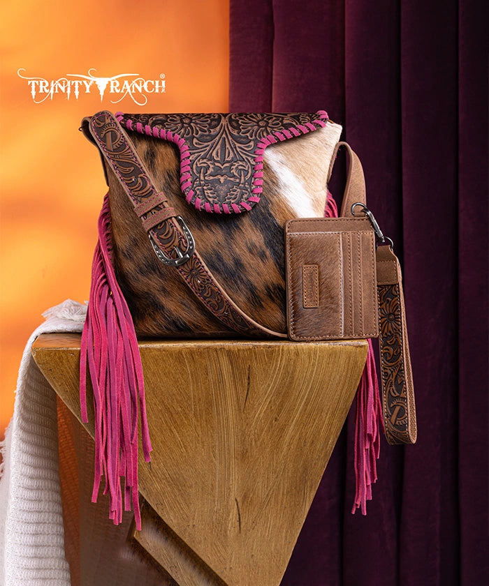 Trinity Ranch Genuine Hair-On Cowhide Tooled Shoulder Bag Set Hot Pink