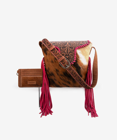 Trinity Ranch Genuine Hair-On Cowhide Tooled Shoulder Bag Set Hot Pink