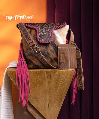 Trinity Ranch Genuine Hair-On Cowhide Tooled Shoulder Bag Set Hot Pink