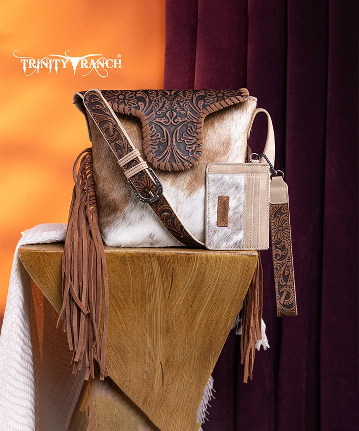 Trinity Ranch Genuine Hair-On Cowhide Tooled Shoulder Bag Set Tan