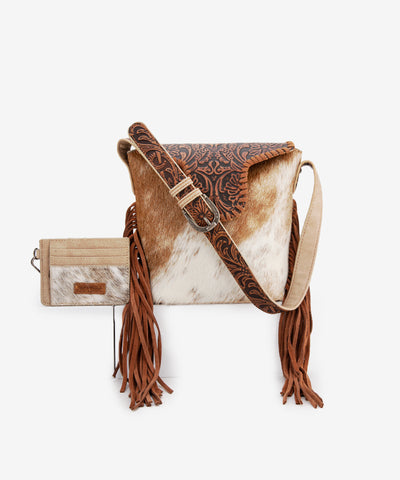 Trinity Ranch Genuine Hair-On Cowhide Tooled Shoulder Bag Set Tan