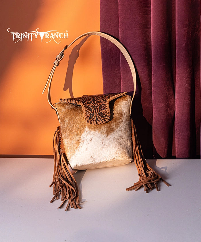 Trinity Ranch Genuine Hair-On Cowhide Tooled Shoulder Bag Tan