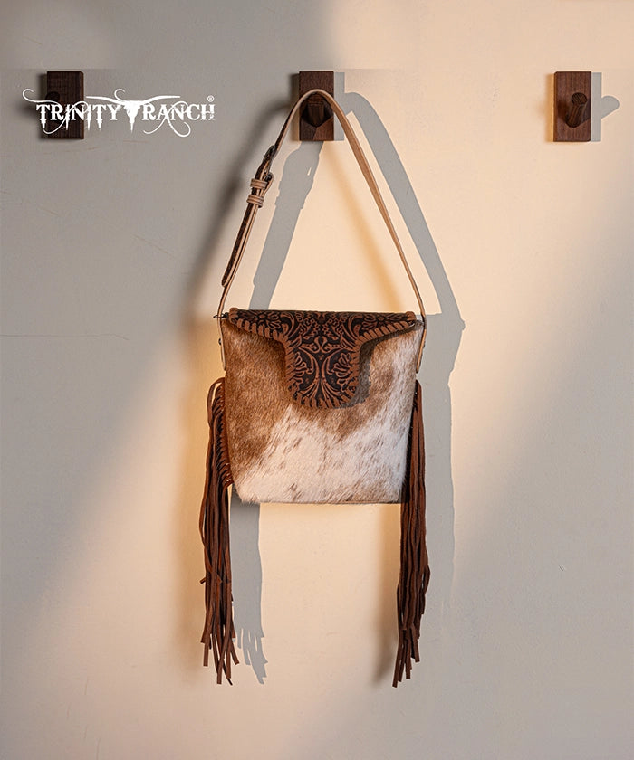 Trinity Ranch Genuine Hair-On Cowhide Tooled Shoulder Bag Tan