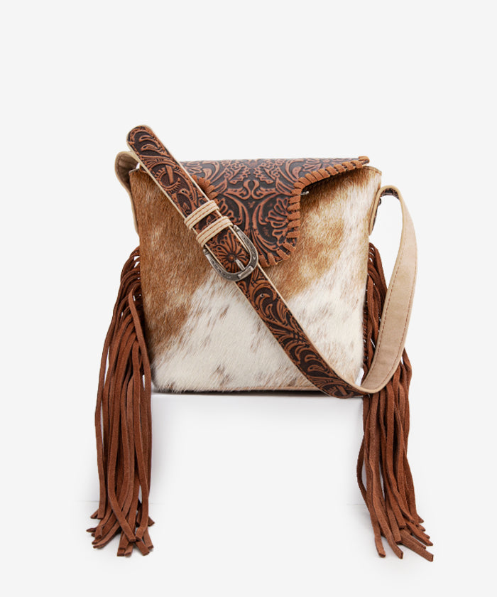 Trinity Ranch Genuine Hair-On Cowhide Tooled Shoulder Bag Tan