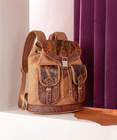 Trinity Ranch Hair-on Cowhide Tooled Backpack Brown