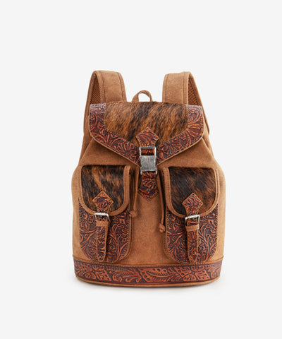 Trinity Ranch Hair-on Cowhide Tooled Backpack Brown