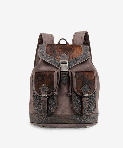 Trinity Ranch Hair-on Cowhide Tooled Backpack Coffee