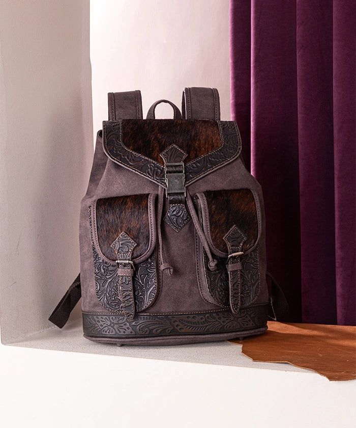 Trinity Ranch Hair-on Cowhide Tooled Backpack Coffee