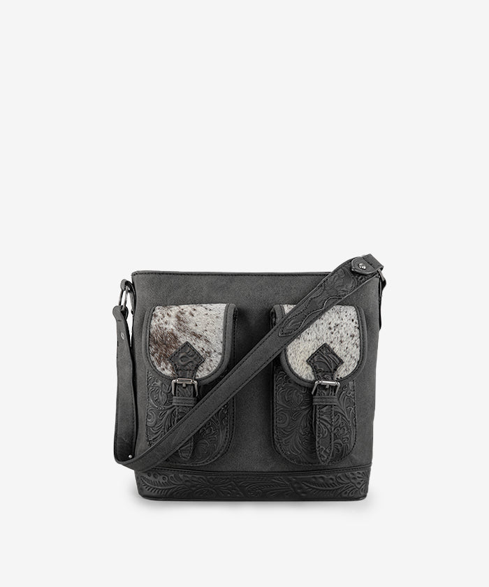 Trinity Ranch Hair-on Cowhide Tooled Concealed Carry Shoulder Bag Black