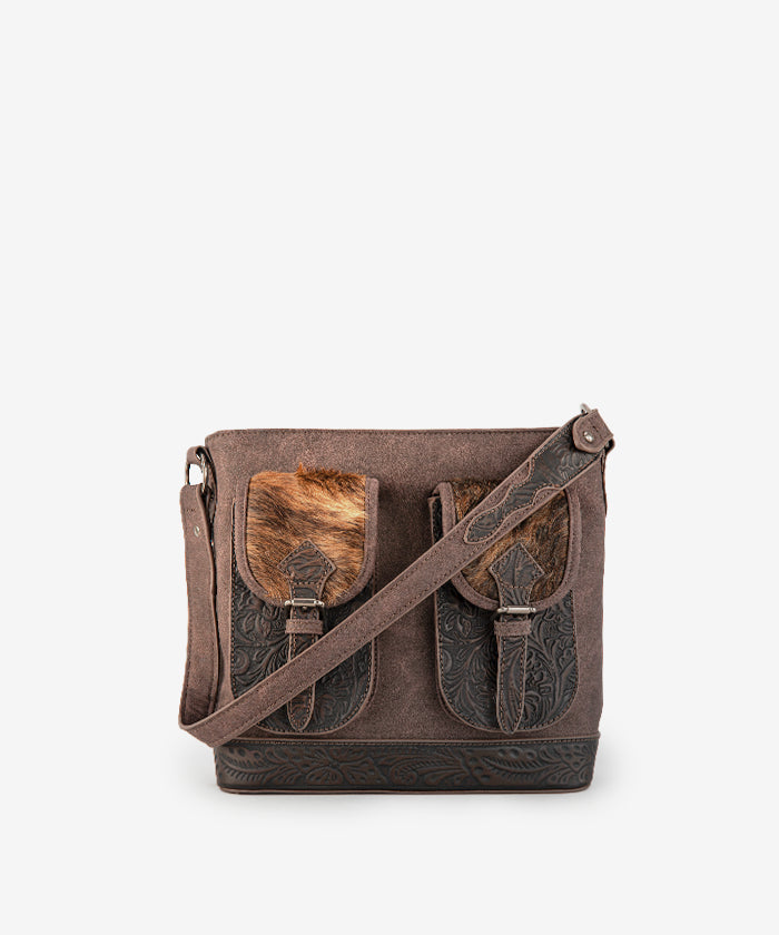 Trinity Ranch Hair-on Cowhide Tooled Concealed Carry Shoulder Bag Coffee