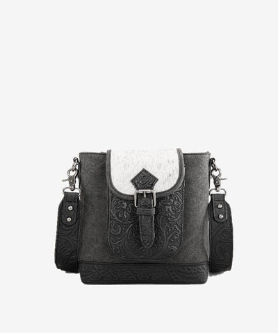 Trinity Ranch Hair-on Cowhide Tooled Crossbody Purse Black