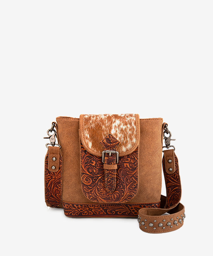 Trinity Ranch Hair-on Cowhide Tooled Crossbody Purse Brown