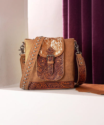 Trinity Ranch Hair-on Cowhide Tooled Crossbody Purse Brown