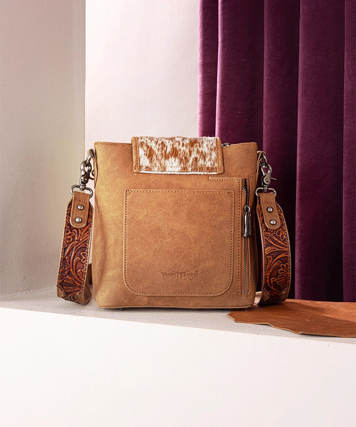 Trinity Ranch Hair-on Cowhide Tooled Crossbody Purse Brown