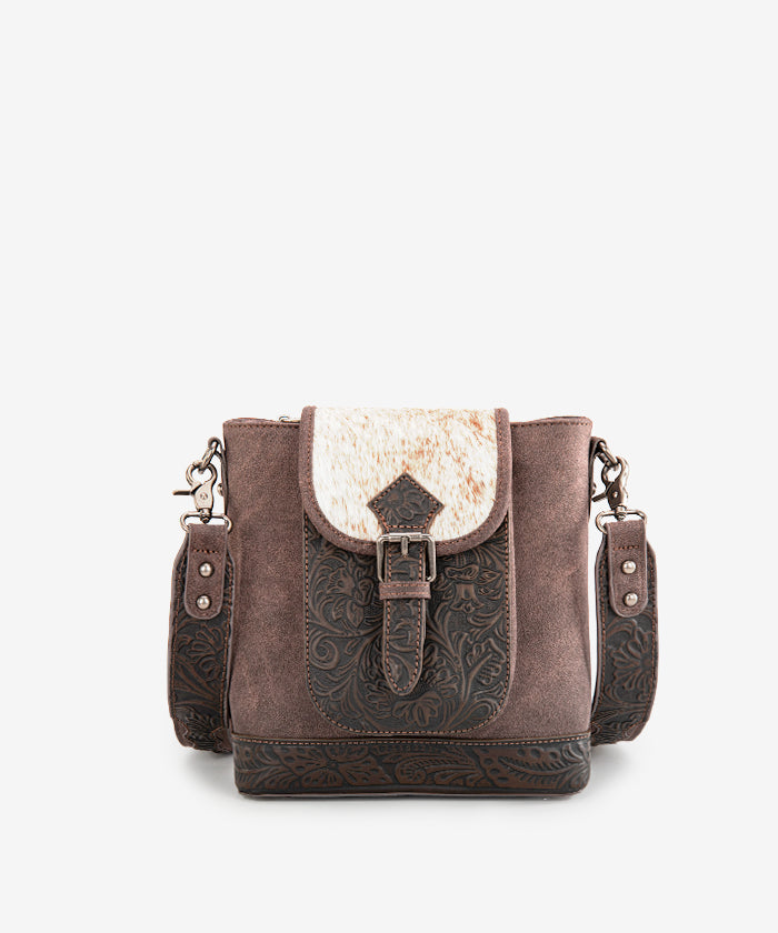 Trinity Ranch Hair-on Cowhide Tooled Crossbody Purse Coffee