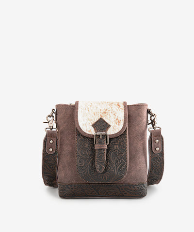 Trinity Ranch Hair-on Cowhide Tooled Crossbody Purse Coffee