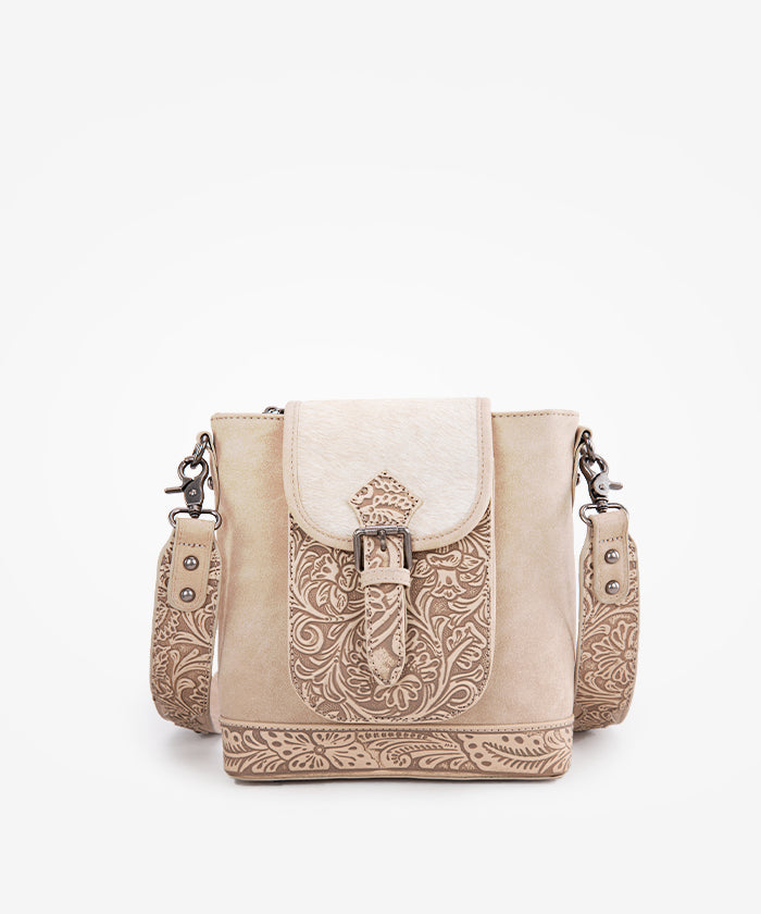 Trinity Ranch Hair-on Cowhide Tooled Crossbody Purse Tan