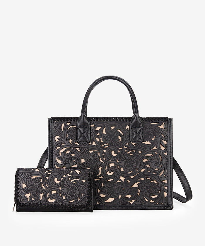 Trinity Ranch Tooled Tote Carry Bag Set Black 