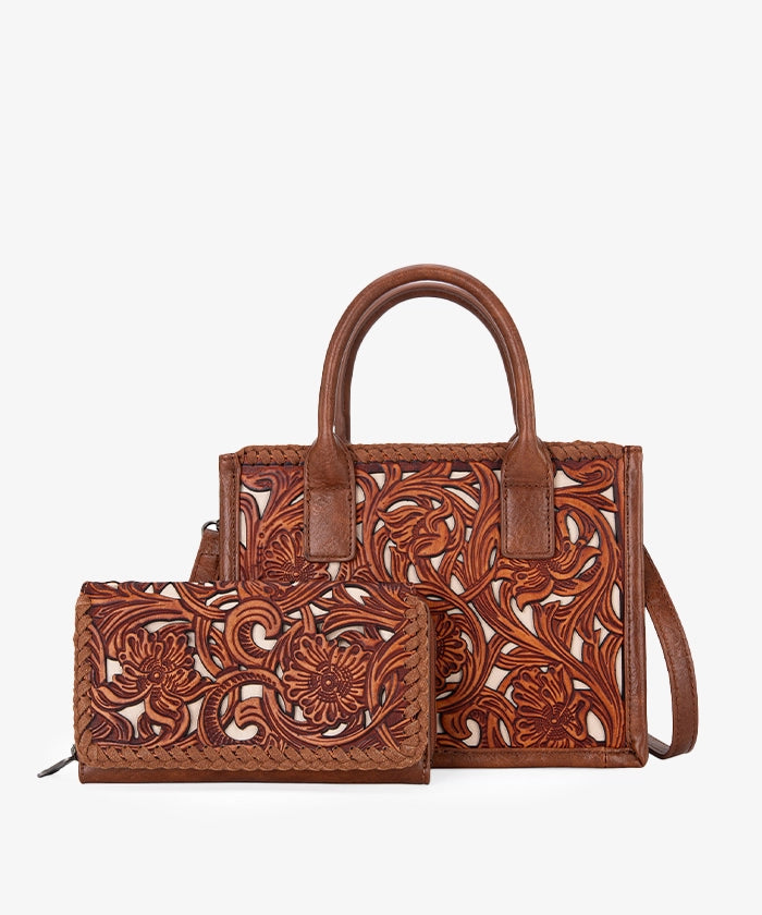 Trinity_Ranch_Tooled_Tote_Carry_Bag_Set_Brown